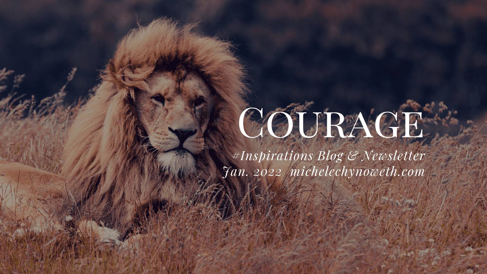 A lion laying in the grass with words " courage " written above him.